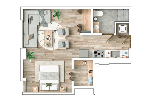 A floor plan of a house with a living room, kitchen, and bathroom.